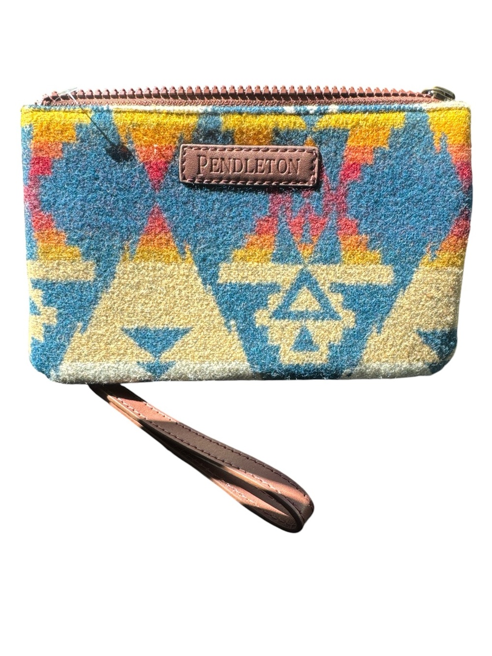 Pendleton Blue Yellow Geometric Wool Wristlet with Leather Strap 3 pocket 2 zip